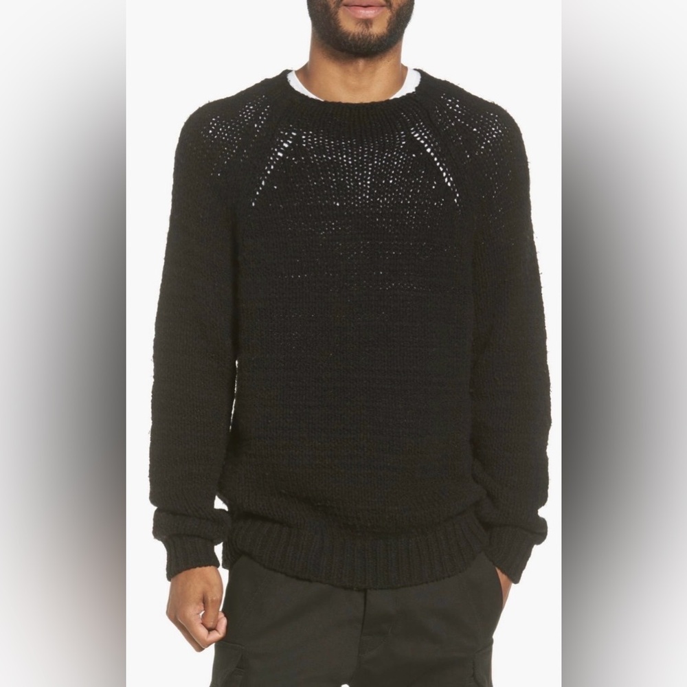 VINCE Raglan Open Weave Wool Blend Crew Neck Knit Sweater Black XL